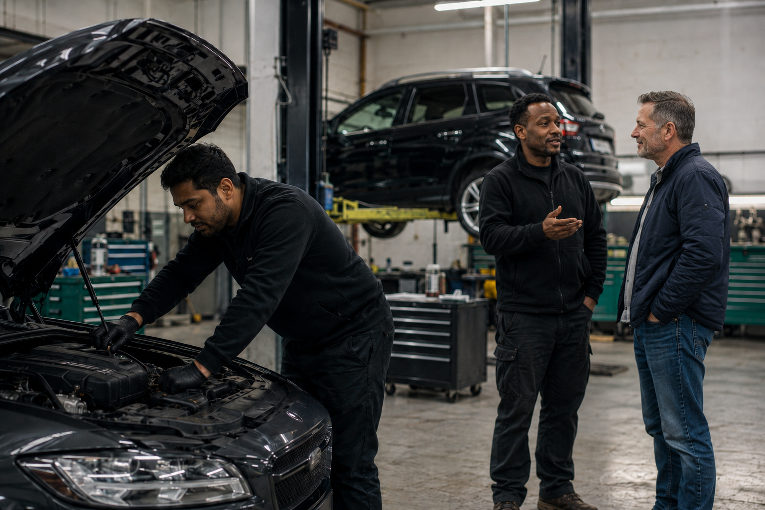 ORS Autos technicians talking with a customer in the workshop